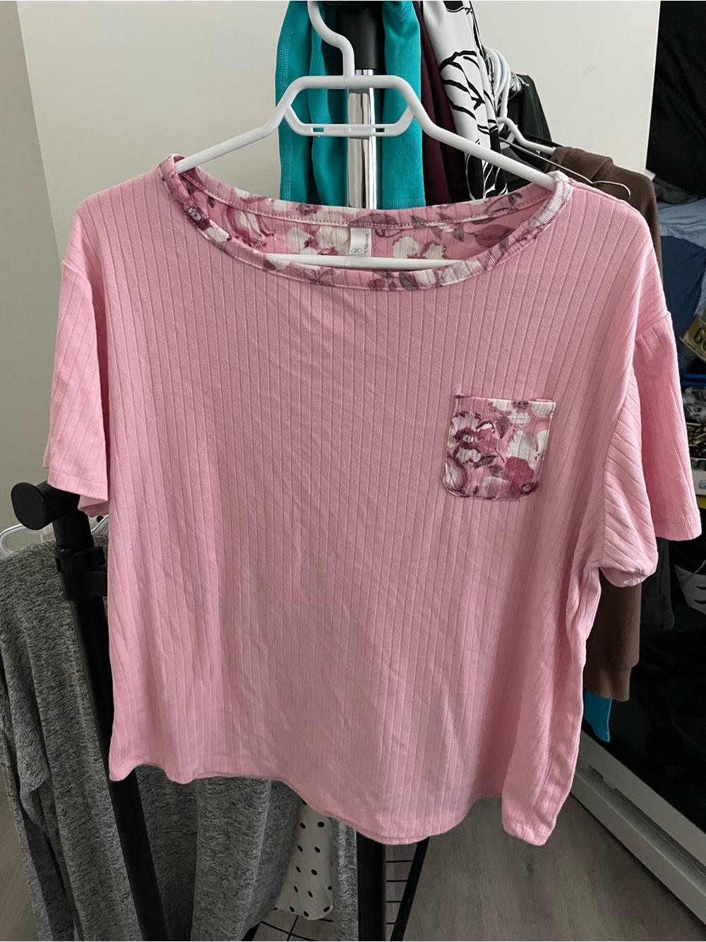 Flora Nikrooz Pink Short Sleeve Ribbed Knit Top with Floral Trim